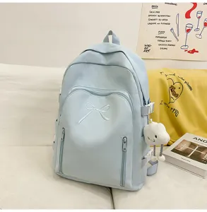 Cute Japanese style light blue girl school backpack with bow embroidery and cloud pendant.