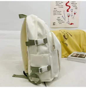 Casual white backpack with green straps school bag for students daily travel commute stylish