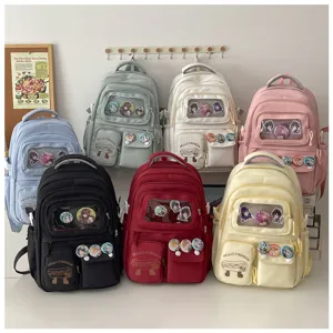 Japanese style cute student backpack large capacity canvas school bag with transparent window pins
