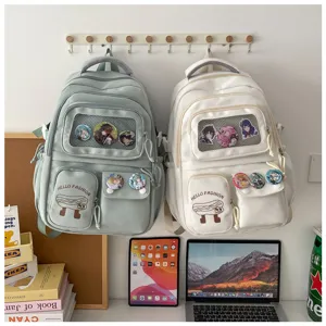Cute Japanese style double shoulder backpack with transparent window and anime badges, detailed view.