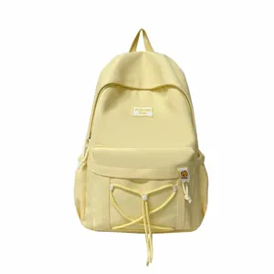 Light yellow casual daily backpack with front pocket and cute style for students and women.
