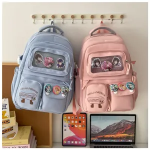 Detailed view of trendy Japanese cute student backpack with transparent window and large capacity.