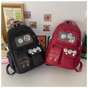 Japanese cute ita backpack large capacity school bag with transparent window and anime badges.