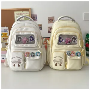 Japanese style cute large capacity school backpack with clear window pocket and anime badges.