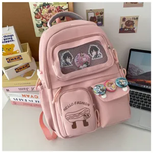 Pink canvas backpack with mesh window, cute hotdog graphic print, large capacity school bag.