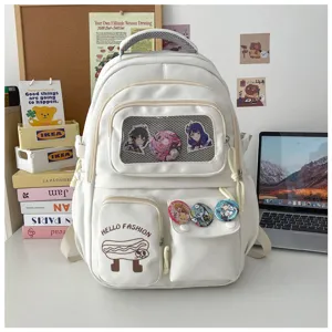 Cute Japanese style white leather backpack with transparent window and large capacity pockets.