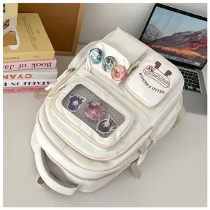 Japanese cute style white canvas backpack large capacity student school bag with clear window
