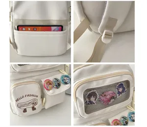 Japanese cute white backpack with large capacity, anime badges, clear pockets, and student daily use.
