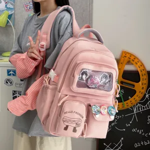 Japanese pink ita school backpack with clear window and cute cartoon design for students daily use