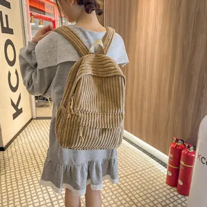 Women casual corduroy backpack solid color Korean style school bag daily travel daypack.