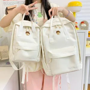 White canvas backpack set for women, cute bear embroidery, versatile school bag aesthetic.