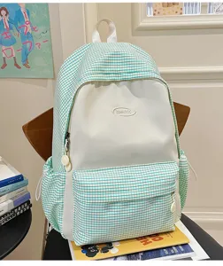 Japanese style grid backpack for teen girls, large capacity school bag, casual travel rucksack.