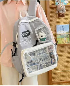 Mochila ita anime gris con ventana transparente para pines y peluche lindo para estudiantes