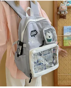 Vista detallada de una mochila ita gris con ventana transparente y colgante de muñeca.