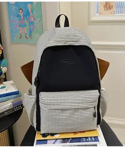 Japanese grid backpack large capacity school bag for teenage girls casual travel daypack.