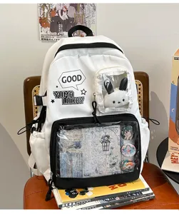 Mochila ita de lona blanca con ventana transparente para pines bonita bolsa escolar para niñas