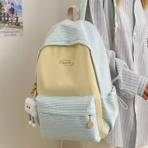 Ins Japanese Plaid Backpack Large Capacity Student School Bag Waterproof Nylon Casual Travel Daypack With Pendant