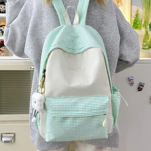 Casual plaid school backpack for women large capacity daily travel book bag green grid