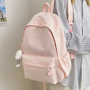 Pink plaid backpack for teen girls, cute aesthetic Japanese style school bookbag large capacity travel daypack
