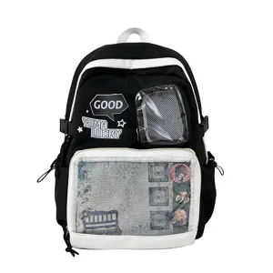 Mochila de lona en blanco y negro con ventana transparente ita bag y lindos pines de anime.