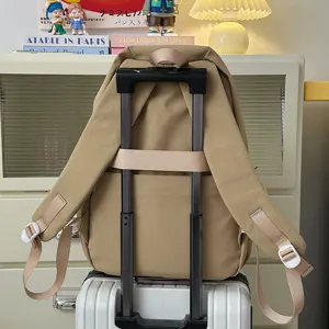 Minimalist khaki casual backpack for college students, large capacity versatile travel daypack.