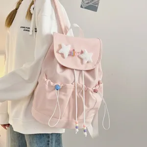 Pink canvas backpack for women, cute star decor drawstring casual daypack travel bag.