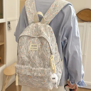Lace floral school backpack for women, aesthetic cute casual daypack with furry pendant.