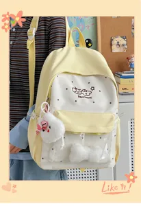 Cute aesthetic school backpack with transparent ita pocket and sweet bear embroidery for daily use.