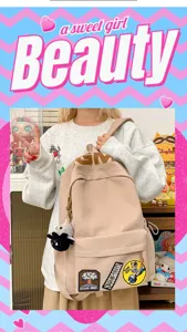 Casual large capacity canvas backpack for students, stylish school bag with cute patches and prints.