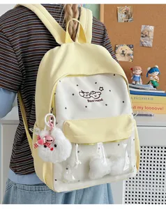 Cute college style canvas backpack with transparent front pocket, polka dots and bear embroidery.