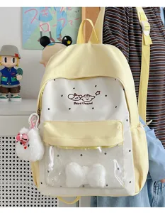 Cute college transparent backpack style itabag for women, featuring polka dots and soft plush toys.