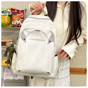 Detail view of the white casual backpack showcasing daily school storage and travel use.