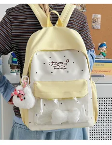 Cute college style backpack for schoolgirls with transparent ita pocket and cute plush pendant.