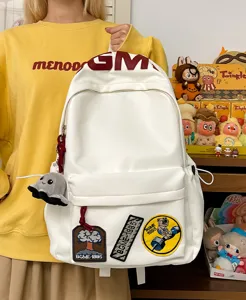 Casual white canvas backpack large capacity school bag with cute patches and octopus pendant for students