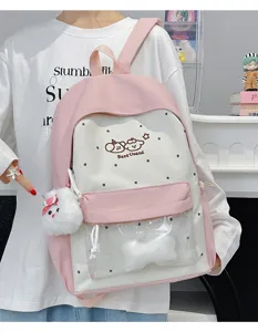 Pink white transparent school backpack cute ita bag sweet student daily casual bookbag teens
