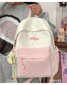 Cute pink star school backpack for teen girls, sweet casual canvas daily book bag with cute pendant.