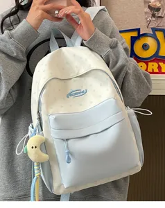 Cute star print canvas school backpack for teenage girls with front pocket and sweet style.