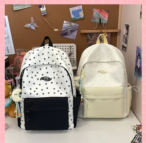 Ins style star pattern school backpack for students, cute canvas daypack with front pocket.