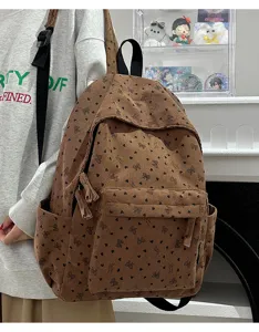 Corduroy backpack for women, vintage brown school bag with cute bow and heart prints, daily casual daypack.