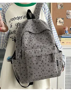 Grey corduroy backpack for women, cute heart bow print casual school bookbag lightweight.