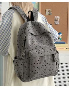 Grey corduroy backpack for women girls cute heart bow print casual travel school bag