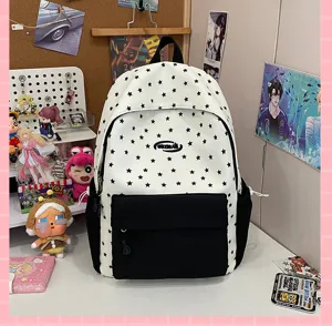 Cute black and white star pattern school backpack with front pocket for students daily use.