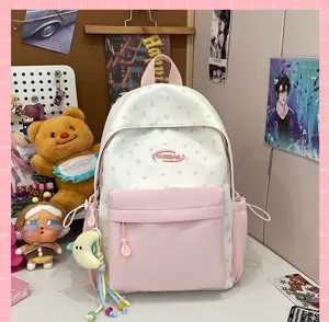 Pink white star print school backpack sweet ins style student casual cute daily book bag