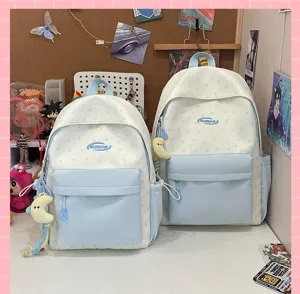 Cute canvas school backpack set with star pattern light blue aesthetic student book bag