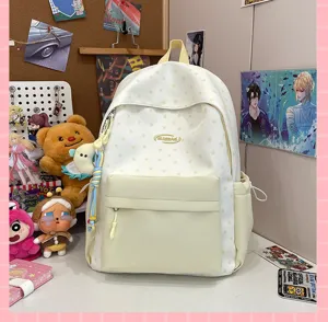 Detail view of aesthetic campus backpack with cute stars pattern and spacious compartments.