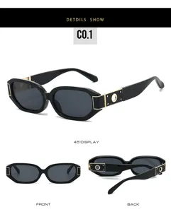Polygon fashion sunglasses with metal hollow decor narrow frame, multi-angle detail display view.