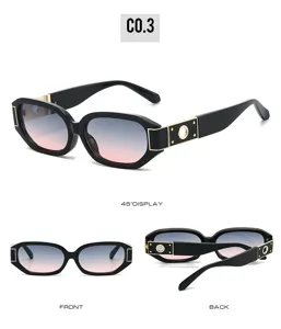Polygon fashion sunglasses with hollow metal temple accent, narrow frame for women.