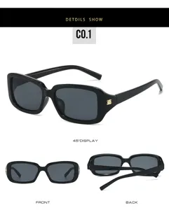 Fashion black square sunglasses for women, chic rectangular frame with elegant floral temple detail.