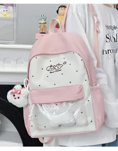 Pink polka dot school backpack with clear front pocket cute ita bag for girls daily use