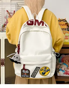 Korean style large capacity white canvas backpack for student school and casual daily use.